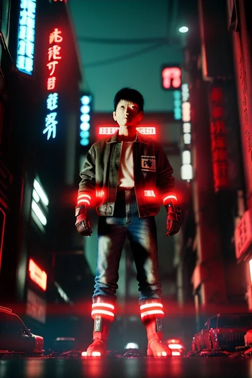 Still Thriller movie, Kaneda of Akira anime, neotokyo city background, retro futuristic style, glow eyes, cinematic, Ultra realistic, wide angle view, soft color, highly detailed, unreal engine 5, RTX, ultra detail, volumetric lighting, 3d, finely drawn, high definition.