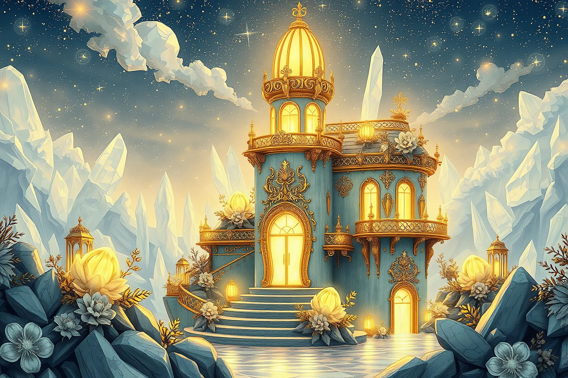 light house, beautiful intricate floral ornamentation, gold soft colors, front lighting, hyper detailed, soft grey and gold colors, graphic novel style, clear and beautiful lighting, character design, concept art, fantasy, ink painting stylebeautiful house cosmic cristal in the futur city cosmic, cristal flowers fantasy, crystal city crystalline in the sky, renderin, room, cosmic, opalescent, 100mm, opalescent, gemstones, crystals, object, other worldly, water, cristal rock, bright,