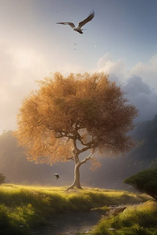 matte painting a beautiful digital painting of a marble tree entertwined in tumutluous clouds, intricate white branches and birds flying in the sunlight, blue sky at sunset, elegant, highly detailed, artstation, concept art, matte, sharp focus, art by tom bagshaw, kelogsloops and greg rutkowski