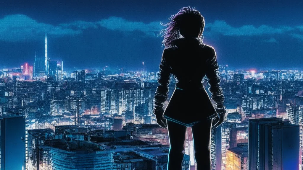 Clear Focus, High resolution, Beautiful girl standing backwards to a Cyberpunk skyline, comic style