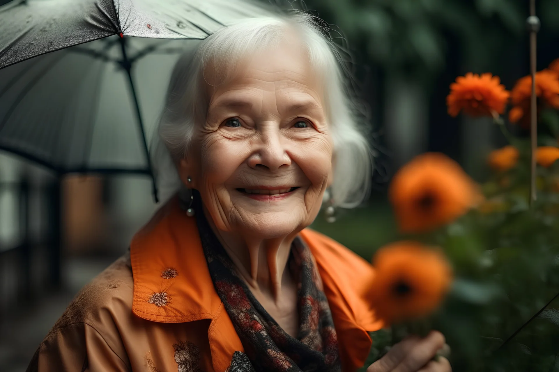 portrait of a smiling old woman, rain, flowers, umbrella, autumn