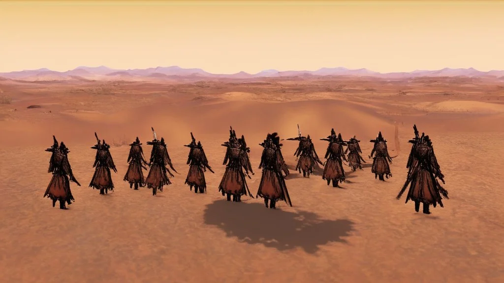 desert, comic style warriors from behind