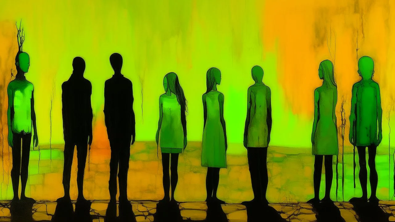 a painting of three people standing next to each other, an acrylic painting, trending on cg society, yellow and limegreen color scheme, monoliths, siluettes, in a row, detailled light, group of people, trending on artstion, female forms, smoldering, suns, chambers