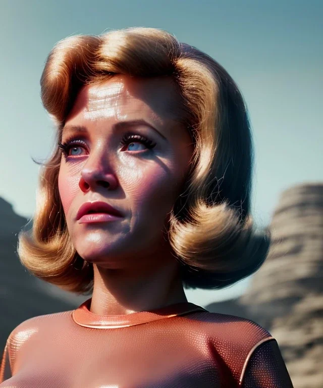 Ultra Realistic retro sci-fi movie, classic ovni levitating, 1960 year, waist up view portrait, blonde woman, sweet teenager Jane Fonda face, perfect iris, glow eyes, face makeup, tight latex coat, retro glass helmet, Retro sci-fi style, soft color, highly detailed, unreal engine 5, ray tracing, RTX, lumen lighting, ultra detail, volumetric lighting, 3d, finely drawn, high definition, high resolution.