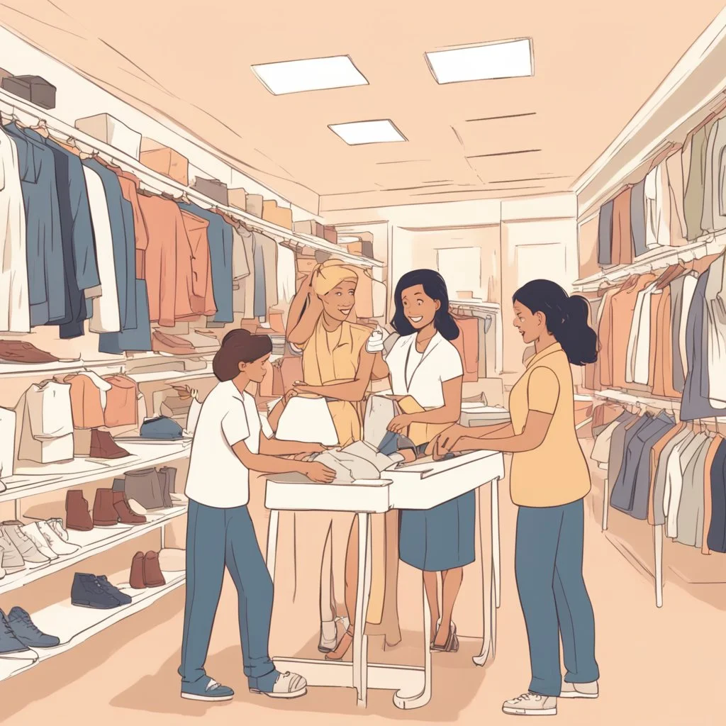 Work together quickly to serve everyone in the clothing store efficiently.