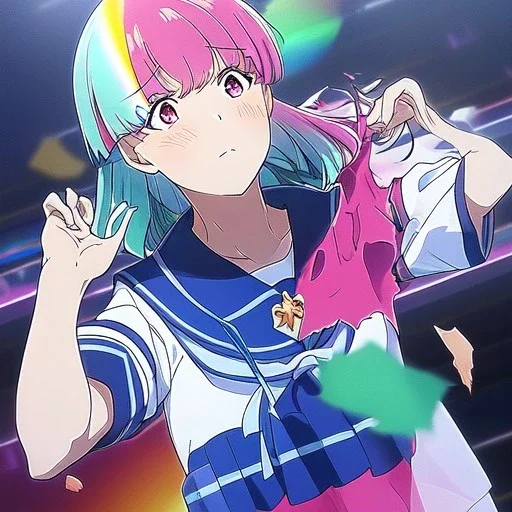 Clear focus, High resolution, A anime teenager, anime screencap, rainbow medium length hair, hair cut in pieces, pink eyes, wearing a sailor uniform, blushing