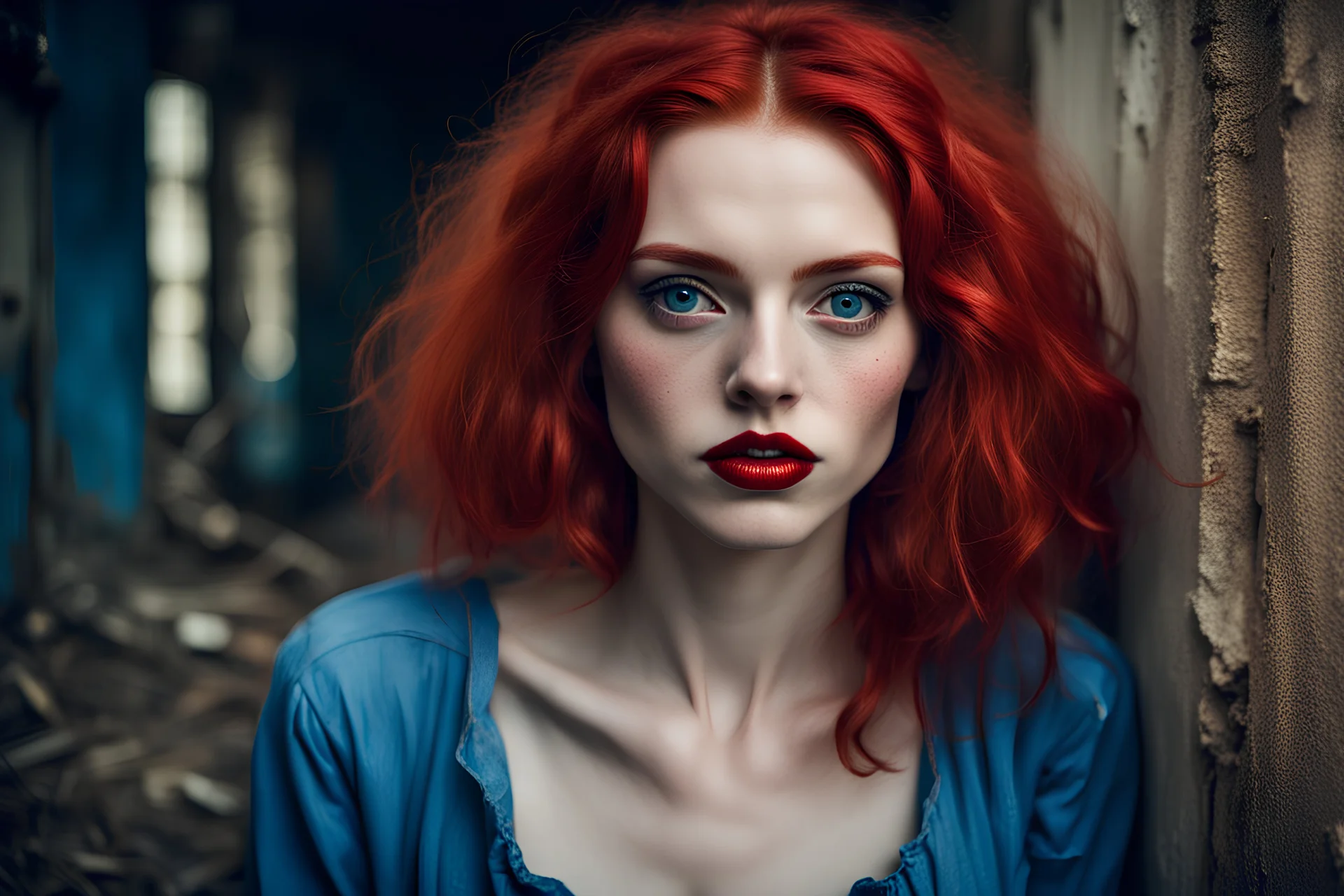 full body portrait Foto, Contemporary representation with influence of Naïve style, scenery lost place, young woman Beautiful, bizarre, petite , poorly dressed, inspiring appearance, red hair, deep red lips, blue eyes, Highly detailed, macro quality, perfect face,