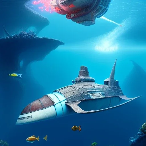 fullbody Drawing of 'Ultra Futuristic style concept Submarine'intricate detail,by andrea bonelli,Kilian Eng,Ohrai,underwater,three quarters view, Futuristic Submarine Fish design study, toned colors,16k