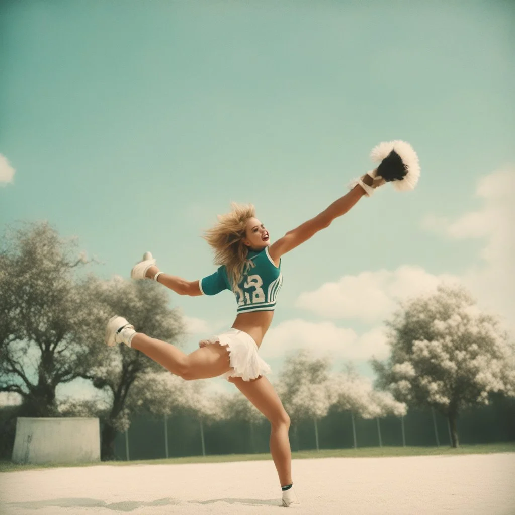 The youthful exuberance of cheerleader doing a cartwheel in cotton agent provocateur [vintage style noisy scratches glitches, Shot the texture and then rewound the film and double exposed]