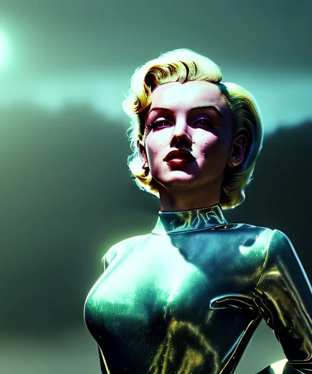 Ultra Realistic retro sci-fi 1960 scene, waist up view portrait, blonde woman, sweet young Marilyn Monroe face, perfect iris, tight latex coat, Strange planet background, Retro sci-fi style helmet, fog, rain, soft color, highly detailed, unreal engine 5, ray tracing, RTX, lumen lighting, ultra detail, volumetric lighting, 3d, finely drawn, high definition, high resolution.