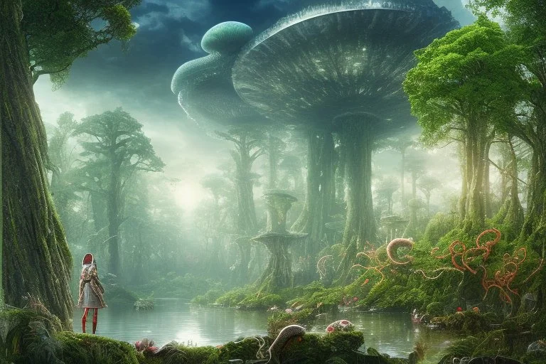 looking out over a lake, in an alien forest, with tall cloud trees, flying Portuguese men of war with octopus tentacles A skinny woman with a Cleopatra hairstyle, short skirt, and knee-high boots, looking out over a lake, in an alien forest, with tall cloud trees, flying mushrooms with octopus tentacles