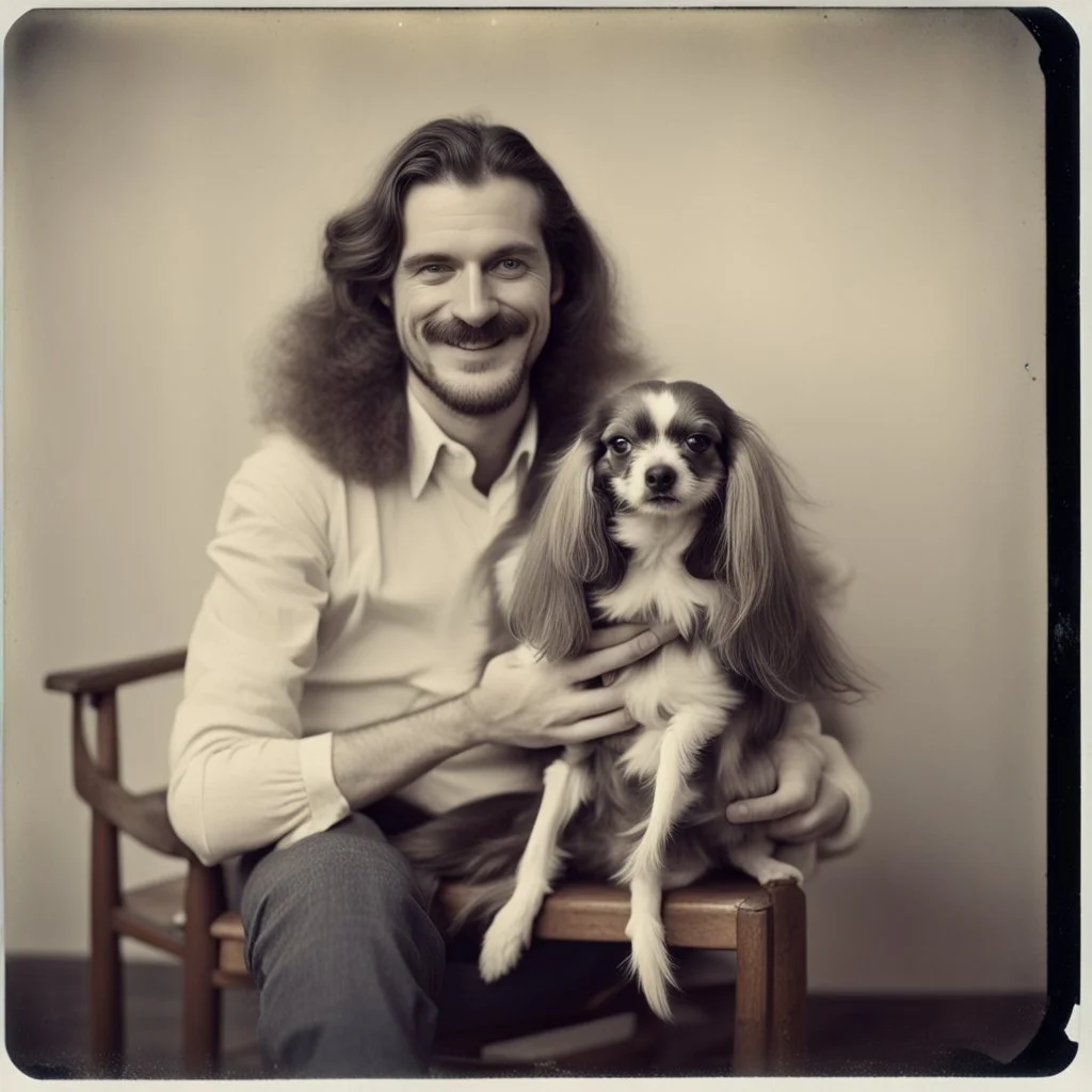 Awkward portrait Photo, 30 years old sitting on chair, weird smiling, long 1970 hair and mustasch, bland polaroid camera, holding a small dog, parrots