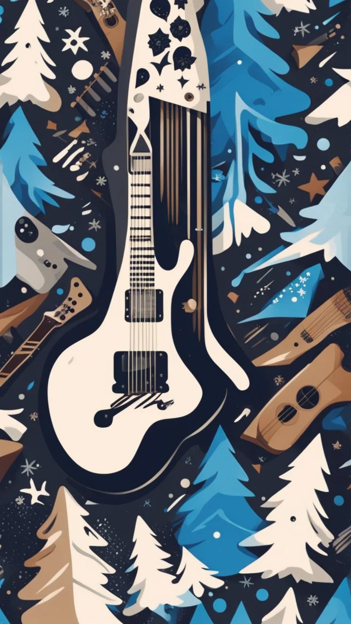 Create a dynamic snowboard pattern with a guitar theme, utilizing a maximum of 6 colors. Feature a stylized guitar fretboard running down the board in rich browns and blacks, complemented by rhythmic snowflakes in cool blues or silvers. Integrate a guitarist silhouette shredding down a mountain slope, using gradients for strumming motion. Keep the palette vibrant and harmonious, capturing the energy of music and snowboarding.