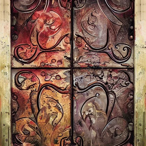 meaty door, pulsing, artistic, watercolour, many eyes, mystic, dark, grey dungeon