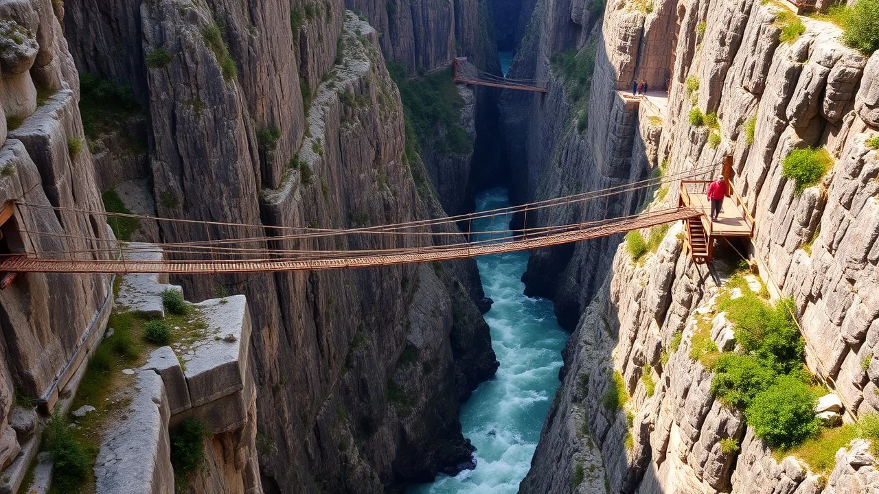 In a fantasy world, a deep gorge with vertical stone sides has a tumultuous river flowing at the bottom. At ground level, above the gorge, a rope bridge has been constructed to span across the gorge. The scenery is awe-inspiring. Colour photograph