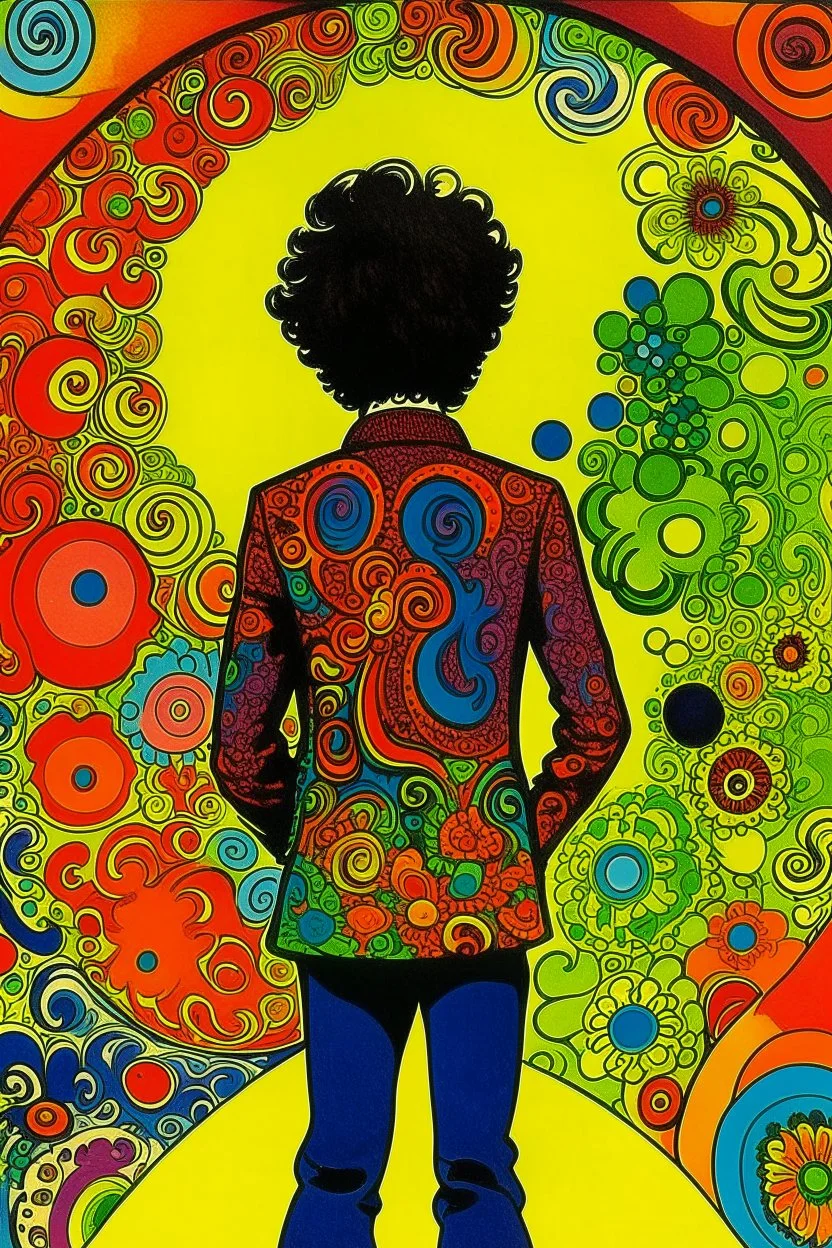 copertina album musicale anni 60 di band effetto fluido acido con personaggio girato di spalle