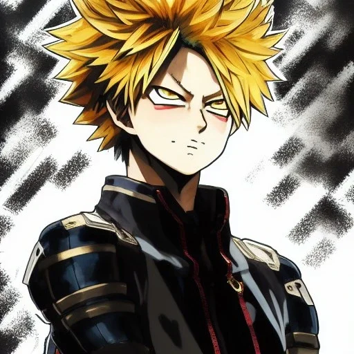 Detailed anime portrait of bakugo from my hero academia, gold hair and golden eyes, black suit, intricate details, full body portrait, keep head in frame, slight smile, black Japanese motif, concept art, highly detailed, digital painting, concept art, sharp focus, illustration, art by Yoji Shinkawa, WLOP and greg rutkowski and alphonse mucha and artgerm and yanjun Chen and Junji ito and Makoto Shinkai, HDR, octane render