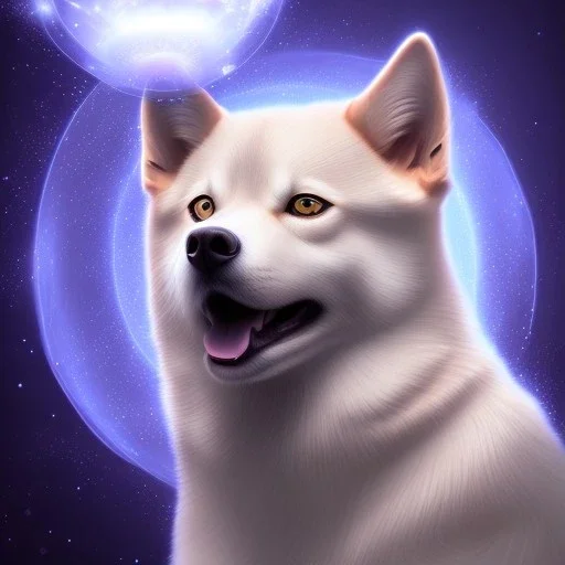 albino shiba inu, ethereal blue violet aura, Orion, orbs, hunter