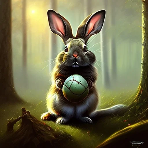 frank frazetta style, cute bunny in the forest clearing