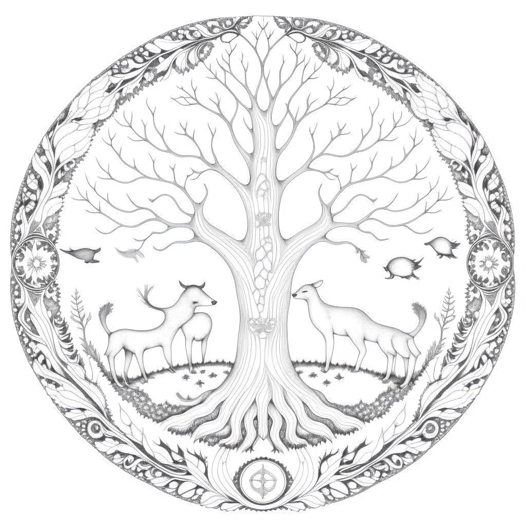 coloring page: A intricate mandala featuring various animals intertwined within the branches of a giant tree, symbolizing the interconnectedness of all living creatures.