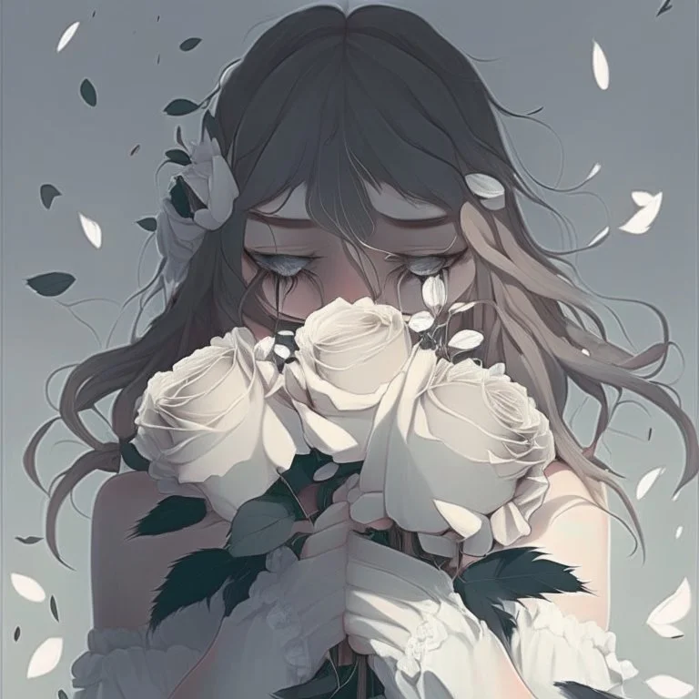 Pictures of a girl with a white background holding white roses covering her face Like from a cartoon movie, digital art, anime, 4k, full details, high resolution