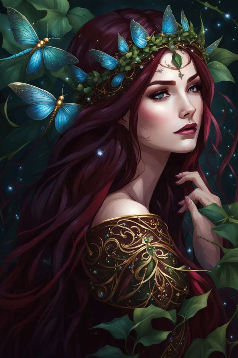 Burgundy hair, dark hair,dark red , rapunzel hair,very long hair,dark fairy princess,elven crown,night,dragonflies,beautiful,ong ashes,golden armor ,sparkle,night blooming,ivy,dark green,lilly of valley,golden elven crown