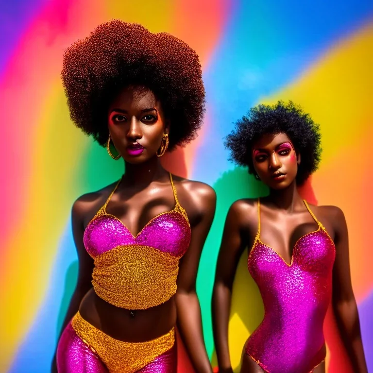 full body shot, masterpiece, best quality, family of three, dark skinned, sparkling eyes, fluorescent skin, colorful makeup, afro, highly detailed body, sun light, 4K, RAW, depth of field, high contrast, realistic details, 24mm