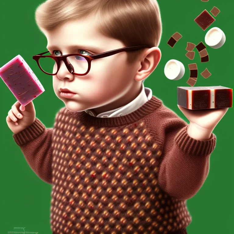 peter billingsley chubby with glasses, holding a ((Dark red))soap bar, ((brown))argyle sweater