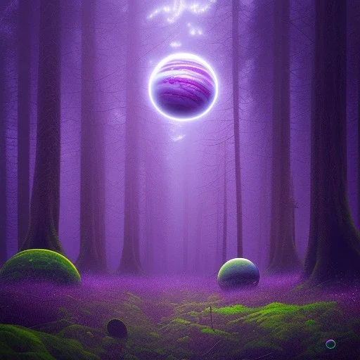 rainy forest with a purple planet over the land