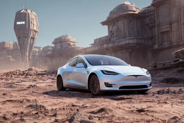 A Tesla 'Model Y' is parked, within the trench of the Death Star. (CINEMATIC, WIDE ANGLE LENS, PHOTO REAL)