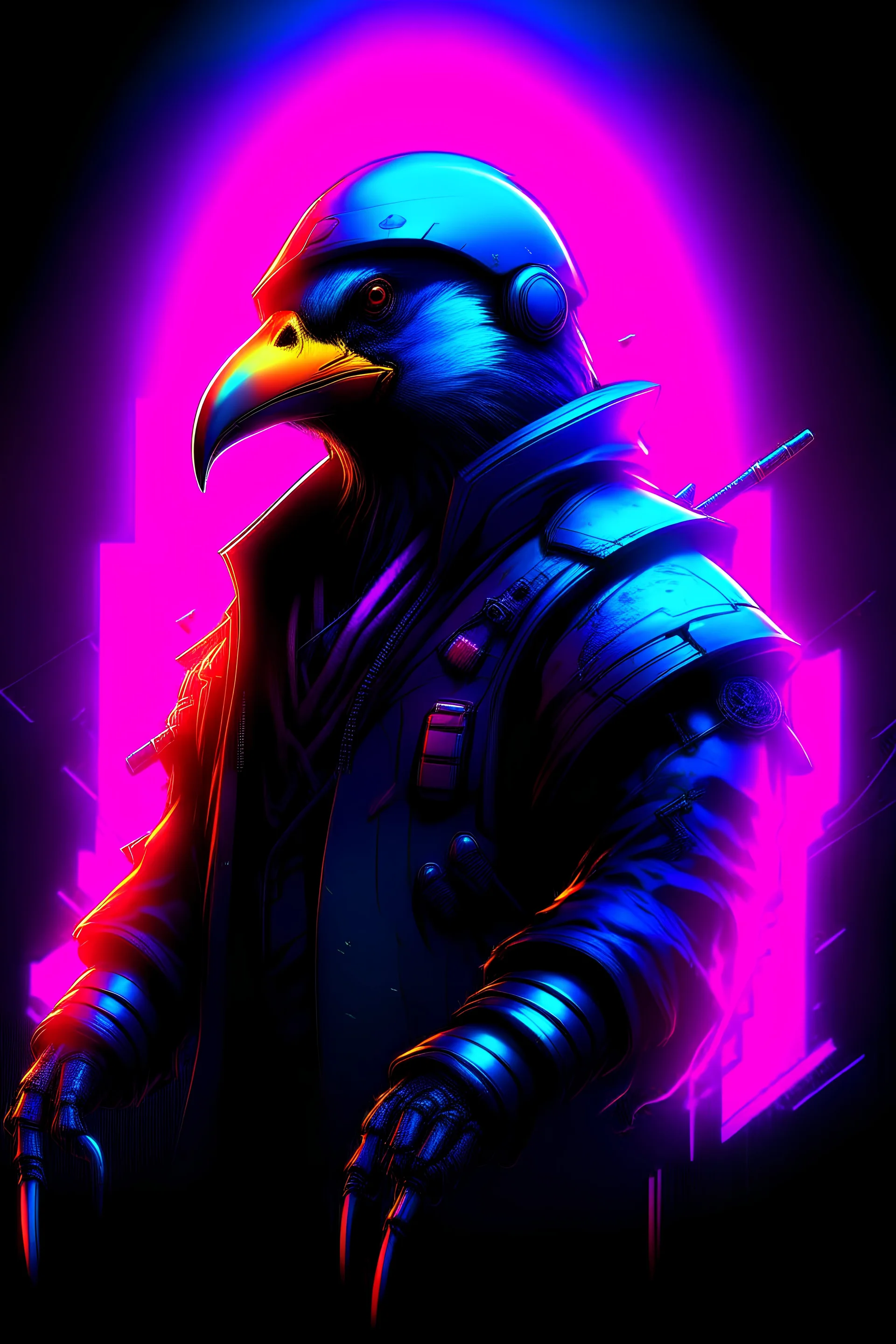 Warrior Penguin in cyberpunk2077 style with neons and red, blue, purple and pink colour