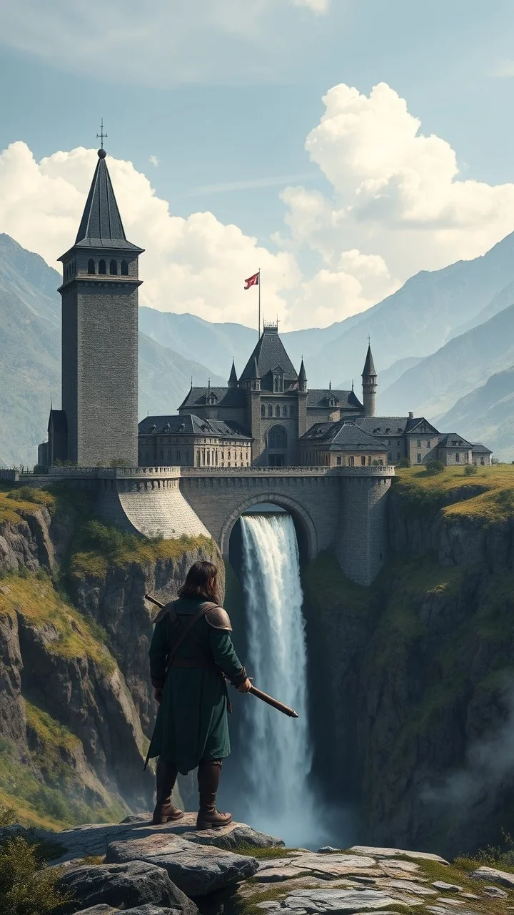 A worrier standing in front of a Fantasy city with 2 tall square black towers on the edge of a dam with a waterfall falling into a chasm below it in the mountains