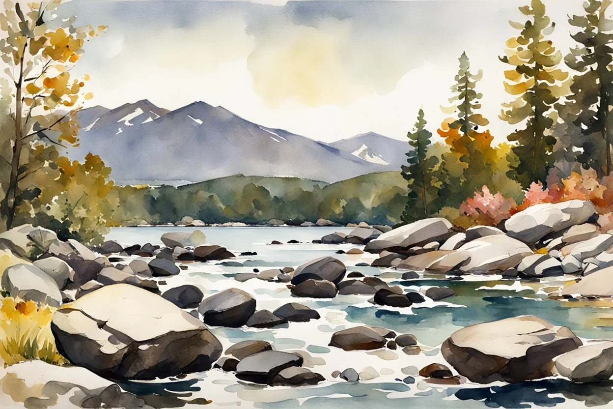 Sunny day, spring, rocks, mountains, epic, winslow homer watercolor paintings