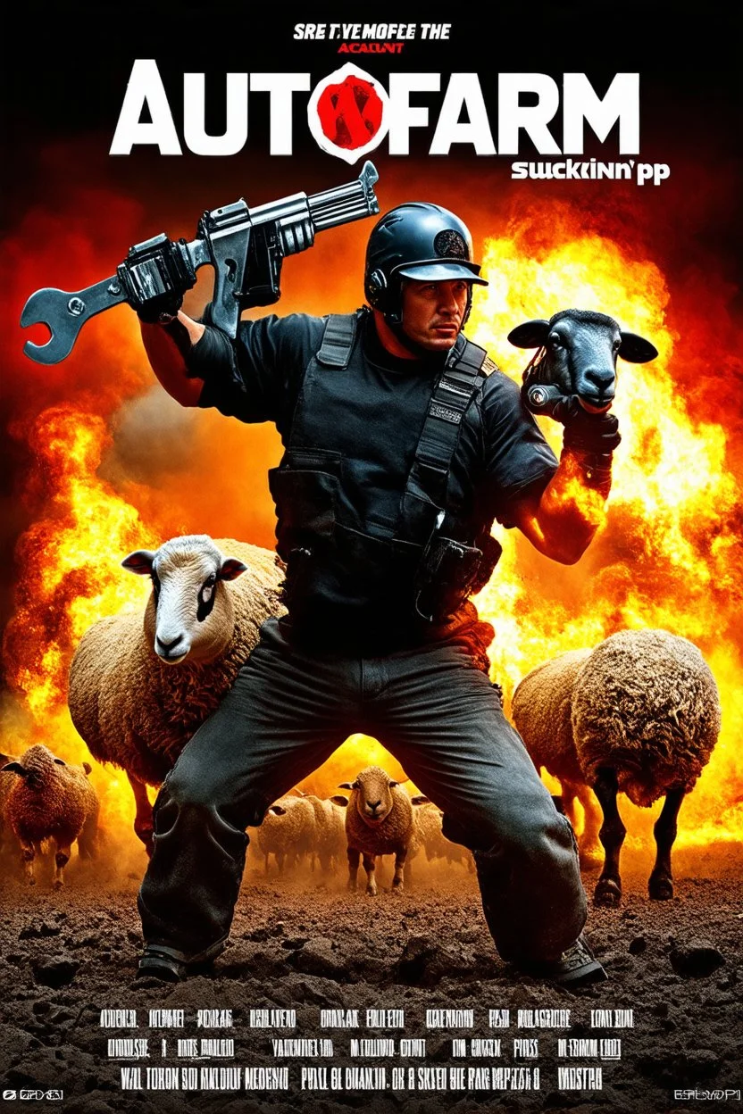 "Create a 90s-style action movie poster titled 'AUTOfarm. Include the (subtitle 'BMI - BMI Suckin-p-p' prominently) Feature a heroic mechanic battling thousands of people with a spanner, and in the background, show a sheep holding a machine gun. The scene should be intense and dynamic, capturing the high-energy and gritty aesthetic of classic 90s action films.