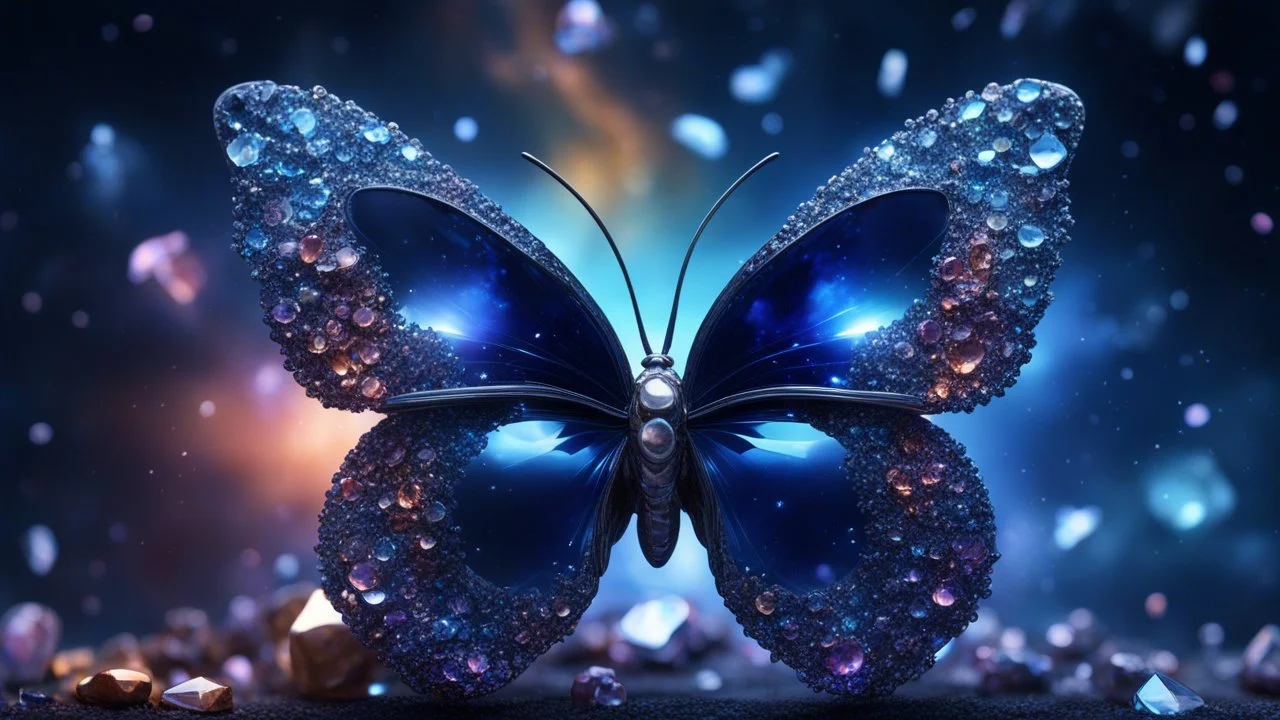 crystal butterfly made of gems made of different colours, dark blue nebula galaxy in background, amibent mood,16k resolution photorealistic, masterpiece, height contrast, depth of field, breath-taking intricate details, realistic and lifelike cgi, dramatic natural lighting, reflective catchlights, high quality CGI VFX fine art