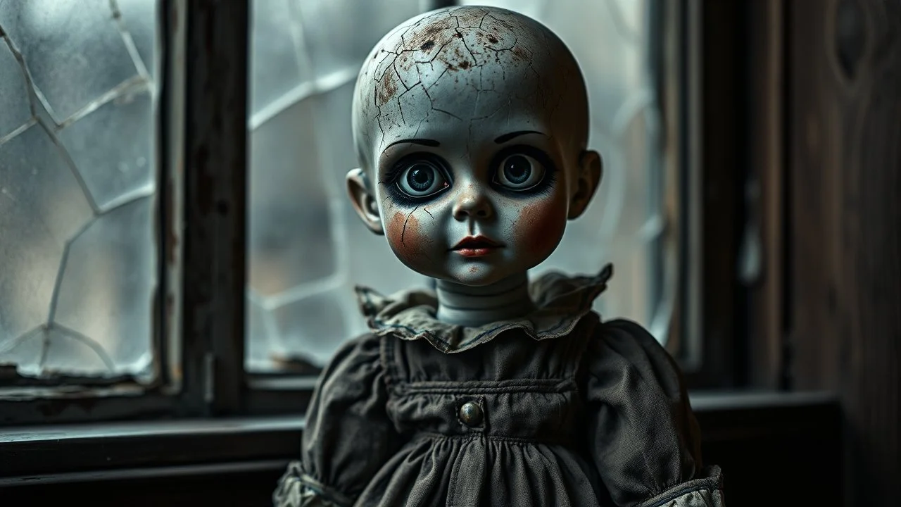 looking at the camera a high realistic vintage crepy porcelain puppet doll, old, dirty with old dress, sitting on shelf, in background blur cracked window. The figure has cracked face and head, and piercing big black eyes. High contrast, cinematic, thriller, dark, atmospheric. Surreal style , perfect composition, sharp focus, intricate details, gloomy vibe