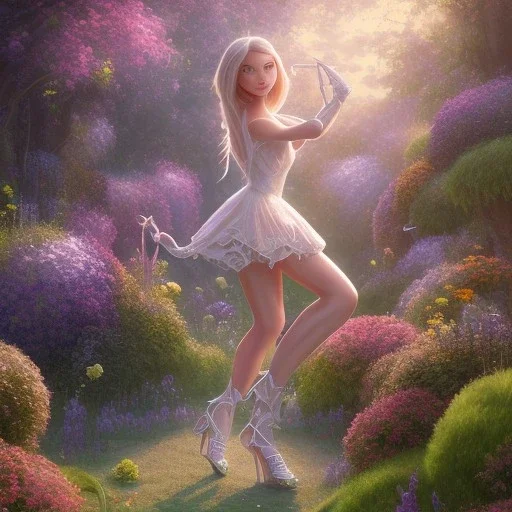 pixar style, volumetric summer garden environment and background, realistic painting of high heels, looking excited, volumetric lighting, dramatic lighting, detailed digital painting, extreme dense and fine fur, anime, ornate, colour-washed colors, elegant, small minutiae, tiny features, particulars, centered, smooth, sharp focus, renderman gofur render, 8k, uhd, detailed eyes, realistic shaded volumetric lighting, sunlight caustics, backlight, centered camera view