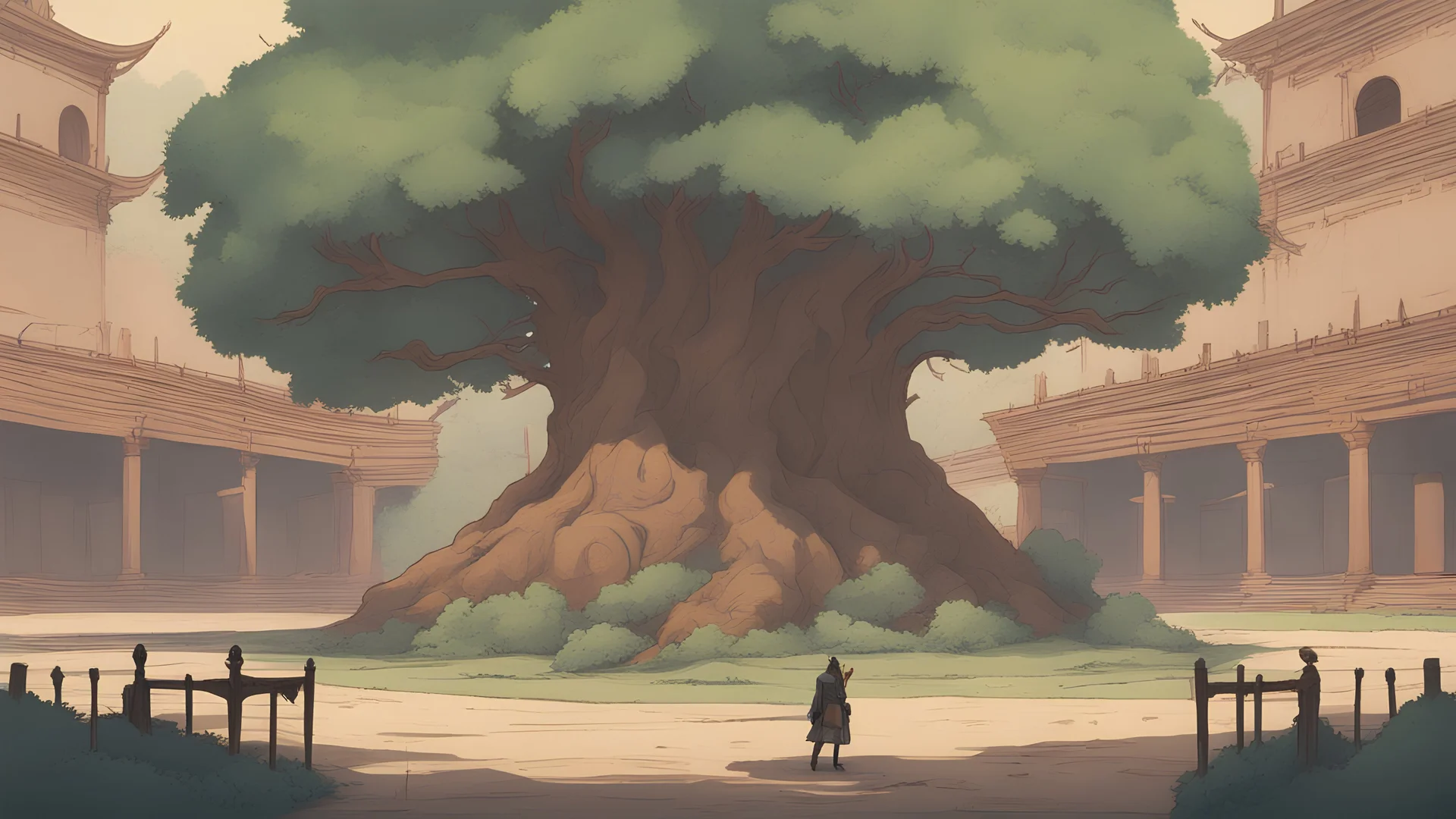 A huge tree and a man with a sword