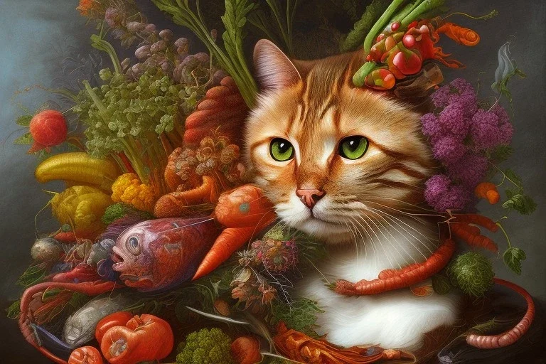 Cat head vegetables fish like Arcimboldo