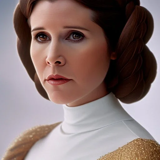  half-length portrait, three-quarter face pose of carrie fisher as Princess Leia in (the empire strikes back) with photo realistic fine and very simple short hair, entrancing deep brown eyes, eos5d mark 4, ef 85mm 5.6, professional majestic photo realistic painting by Ed Blinkey, Atey Ghailan, by Jeremy Mann, Greg Manchess, Antonio Moro, trending on ArtStation, Intricate, High Detail, Sharp focus, dramatic, by greg rutkowski, realism, beautiful and detailed lighting,