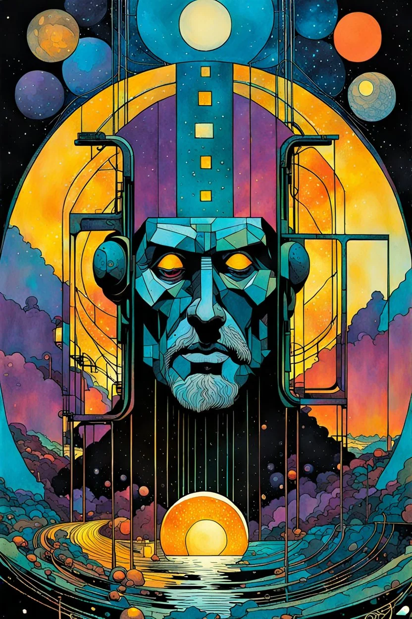 Create a chaotic abstract cubist Tarot Card depicting a post apocalyptic, The Hermit , with highly detailed facial features, in the style of Bill Sienkiewicz, Philippe Druillet, Gustav Klimt, and Jean Giraud Moebius, precisely drawn, colored and inked