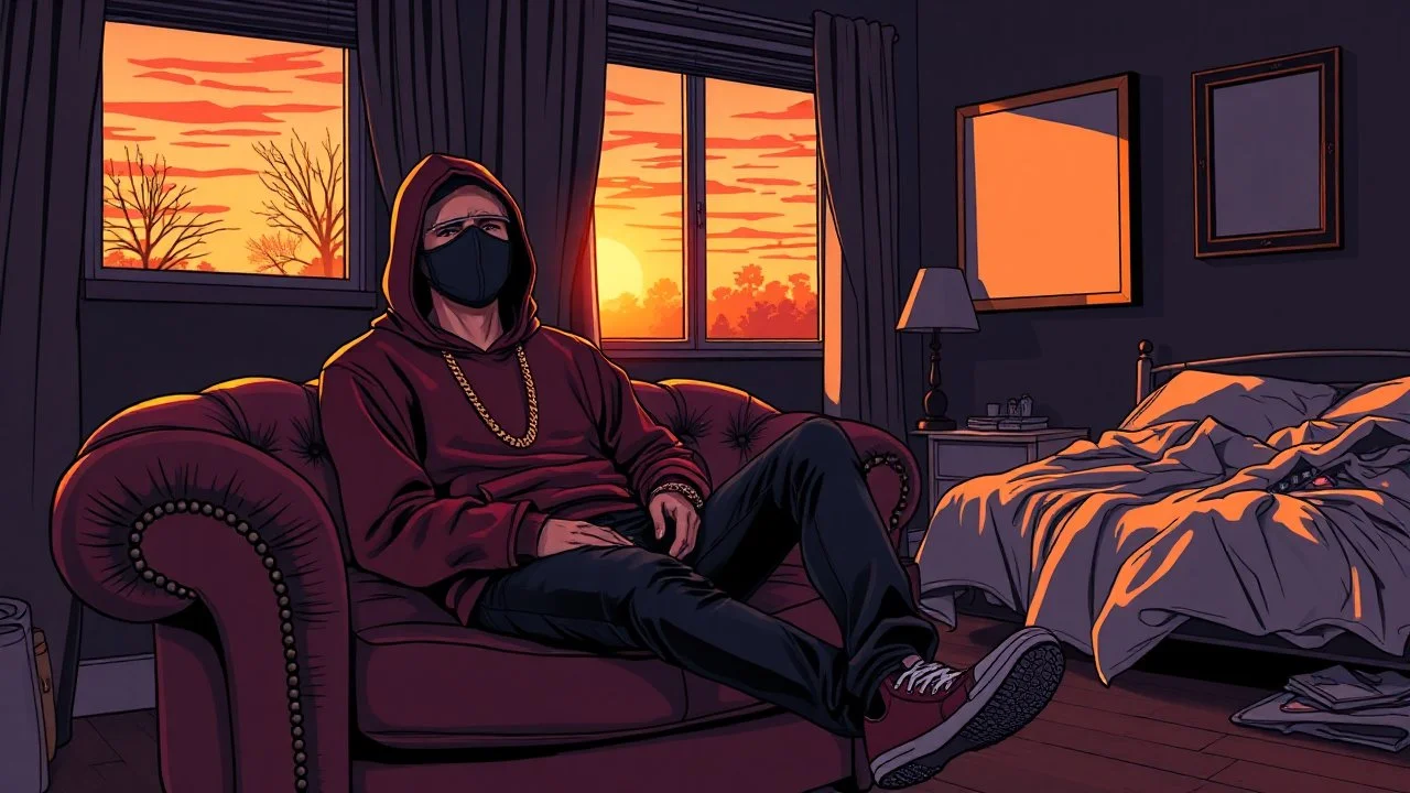 Photographic View Of A Dark Room In Which A Guy Is Sitting On A Fancy Single Couch Wearing Maroon Hoodie, a Golden Chain and a cap covering his face; Sitting In Swag, With Sunset Light Casting From Windows Opposite Him, With A Lamp On A Table & A Messy Single Bed Along With A Empty Frame On The Wall and All Of This In A Comic Art Style.