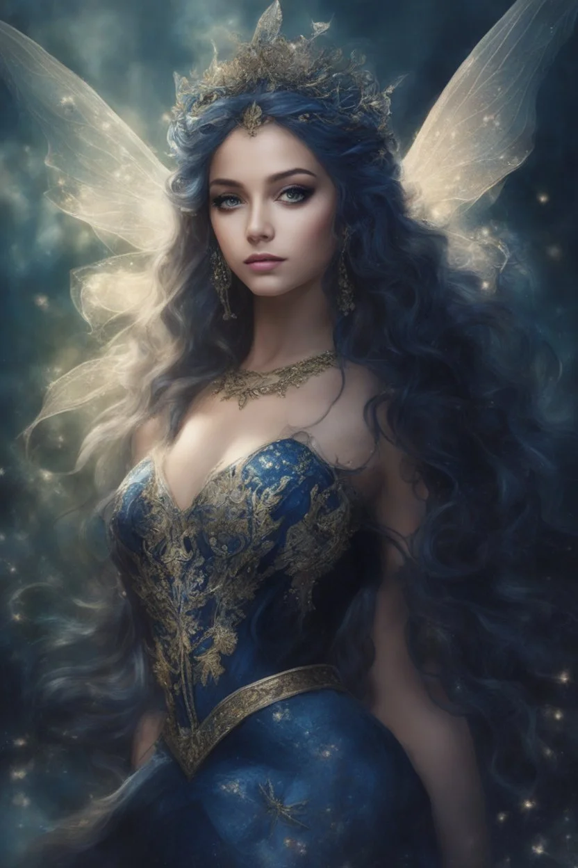 Midnight blue,Dark blue hair,night,dark fairy princess ,elven crown,elven ears,sparkle,glitter,gold armor,dragonflies,rapunzel hair,water lilies