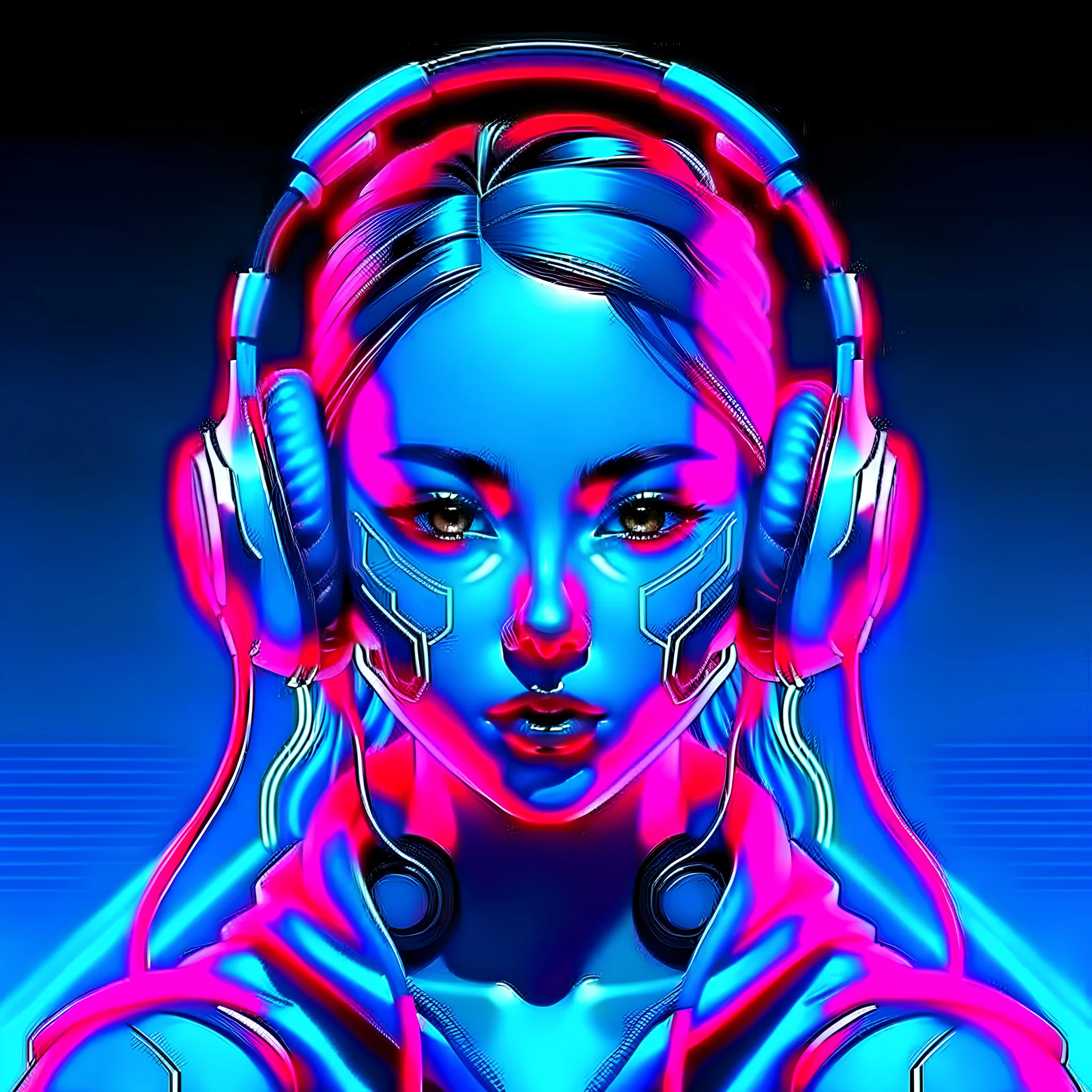 Front face realistic girl wearing mask with headphones cyberpunk neon light