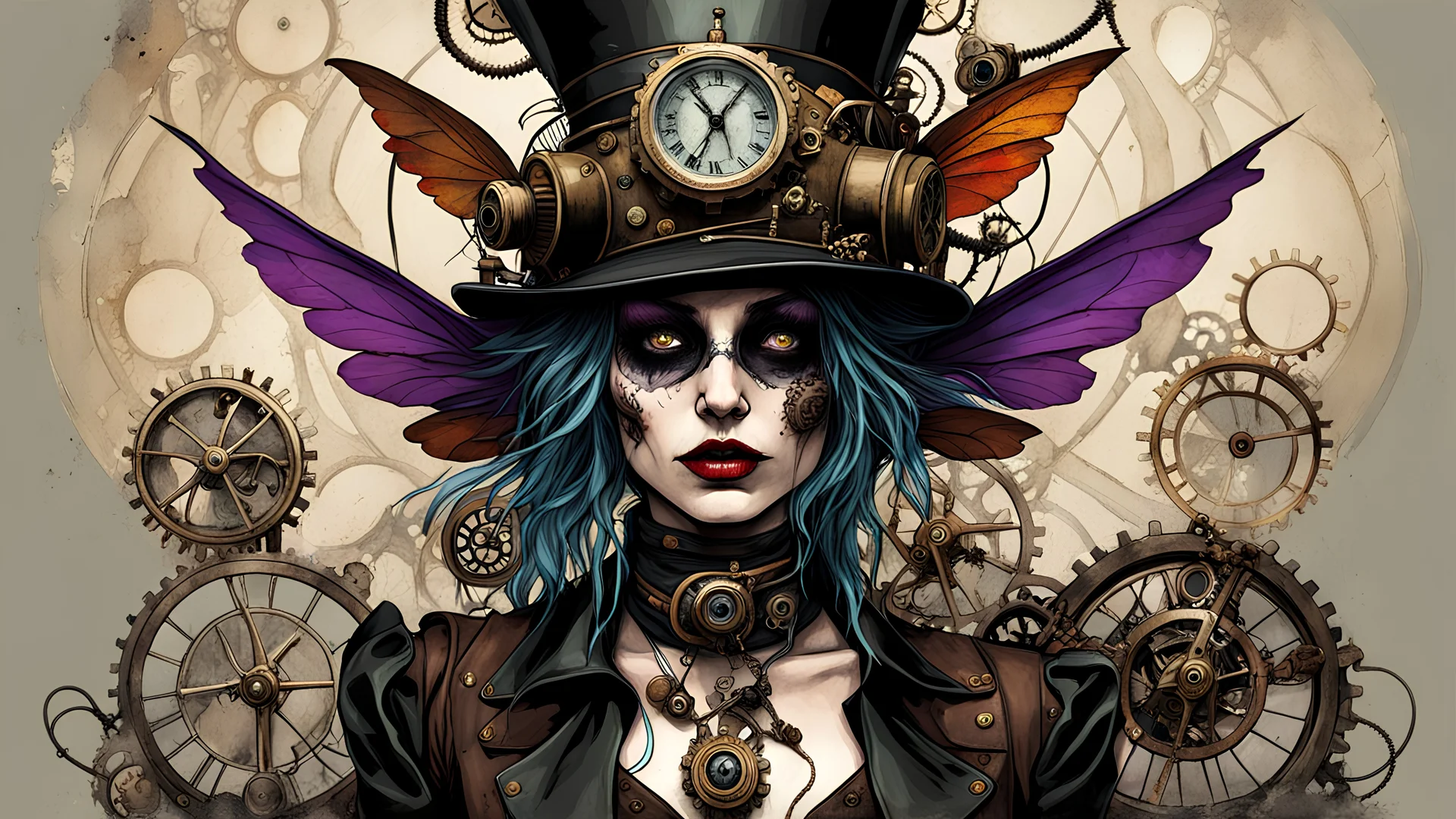 steampunk grunge faerie in the style of, gore, horror, eerie, dark fantasy; HDR, UHD, TXAA, Ralph Steadman, Seb Mckinnon, impressionism, dadaism, surrealism