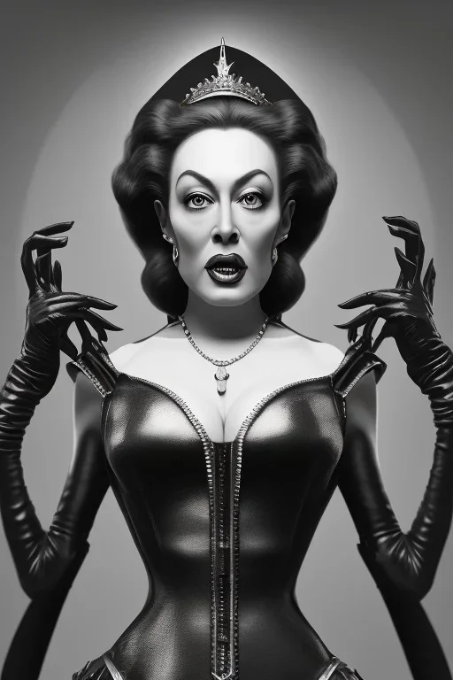 Joan Crawford as evil queen in black leather, busty, cleavage, dominatrix, curvy, angry, stern look. unreal 5, octane render, cinema4d, dynamic lighting, dramatic lighting, 4k, redshift render, highly detailed, hyper realistic,anthropomorphic