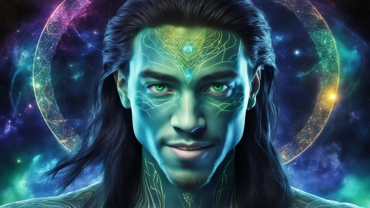 beautiful gorgeous young man na'vi with long hair, Avatar, blue skin, two small ears, green eyes, black hair, in cosmic suit, galactic ambiance, medium pointy goatee , smiling, nebulas and sacred geometry light figures on the backgroud,