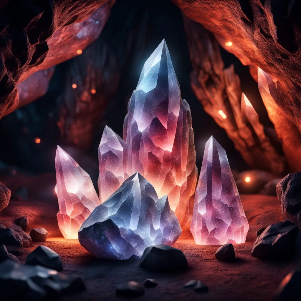 Hyper Realistic big glowing crystals in a volcanic cave at night