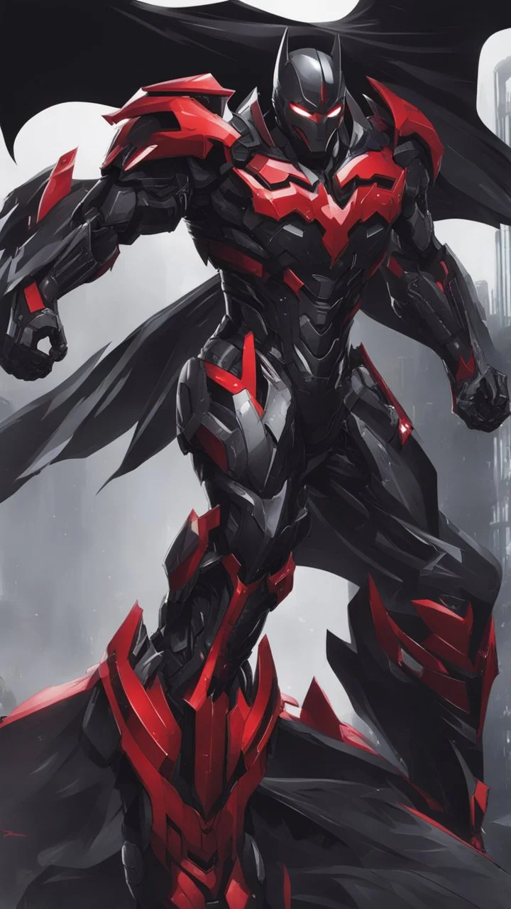 A close picture to Mix between symbiote and machine and batman in transformers cyborg with black metal and red details armor in solo leveling shadow art style with red details detailsis in fantasy world