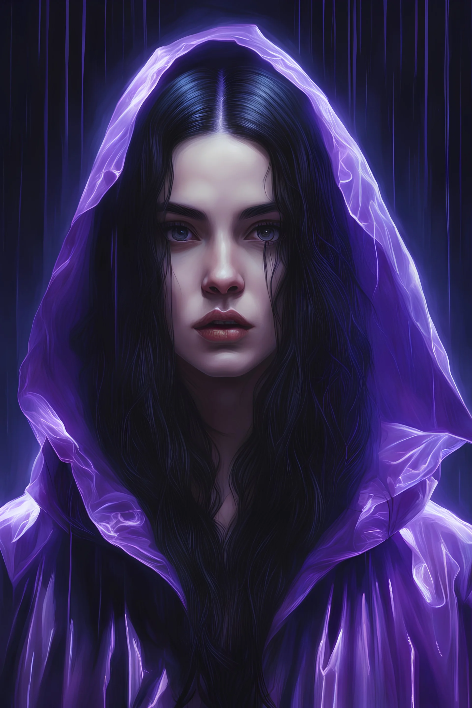 painting by koson ohara and marta bevacqua, portrait of a beautiful goth woman with long black hair, wearing a plastic raincoat, purple neon lighting, 8k, high quality, highly detailed. volumetric lighting